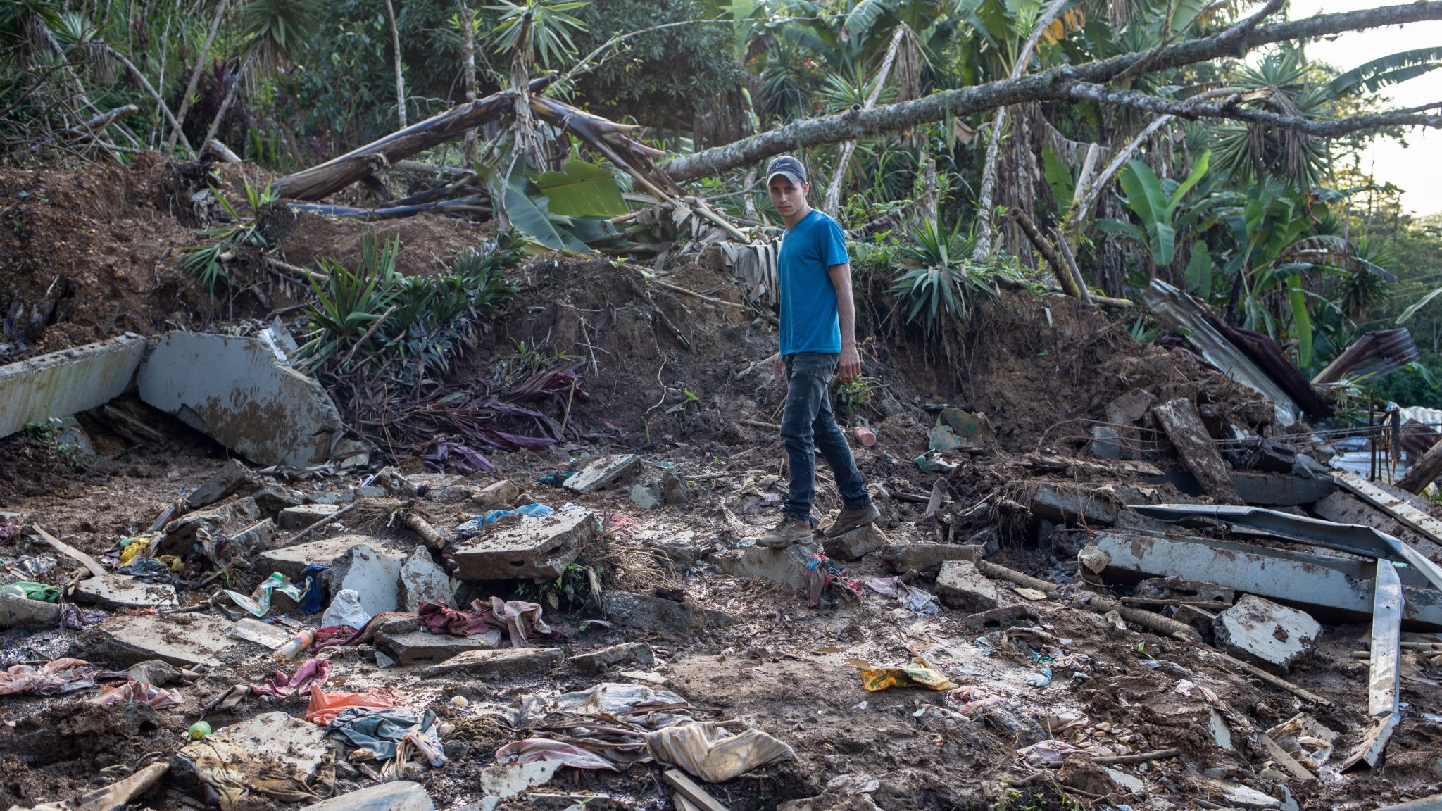 Rosendo Pineda, an employee of the Montaña Verde coffee cooperative, surveys the damage shortly after Hurricane Iota. 