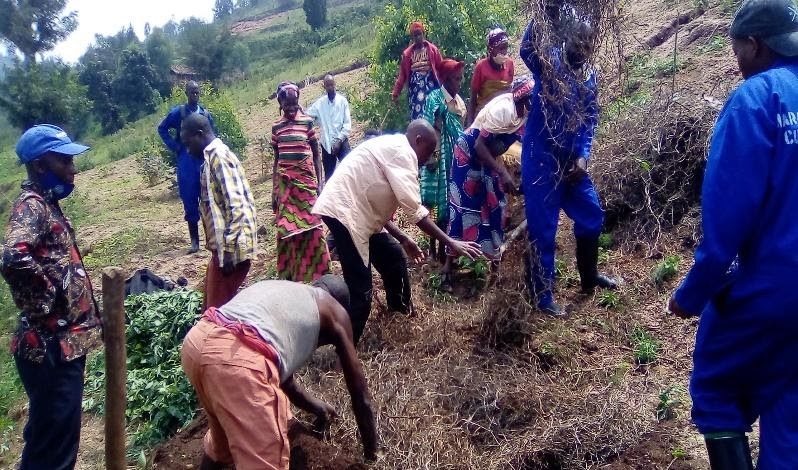 An intern shows members of Maraba how to mulch a farm during a training demonstration