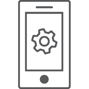 An icon of a gray phone. On the screen of the phone is a gear icon, also in gray.