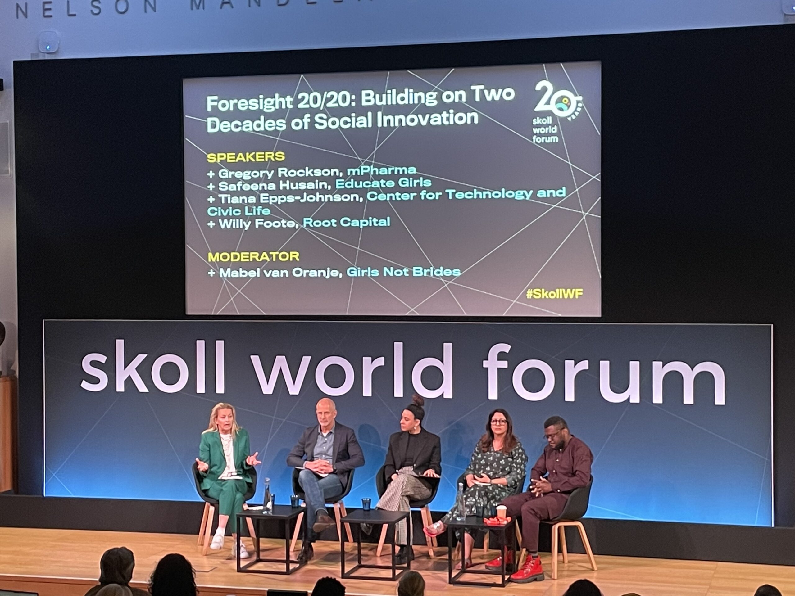 Pictured from left: Mabel van Oranje from Girls Not Brides, Root Capital Founder and CEO Willy Foote, Tiana Epps-Johnson from the Center for Technology and Civic Life, Safeena Husain from Educate Girls, and Gregory Rockson from mPharma at the Skoll World Forum.