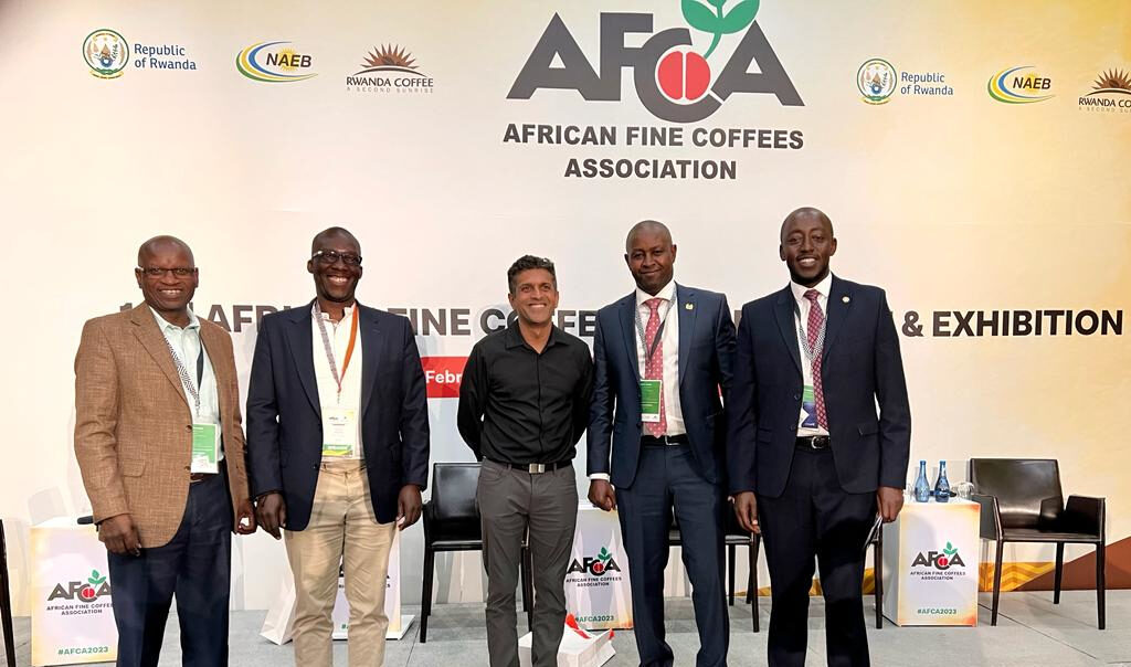 Root Capital's Head of Lending, Africa, Peter Onguka, speaks at an African Fine Coffee Association (AFCA) Expo panel in Kigali, Rwanda  February 2023.